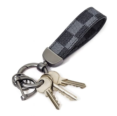 Luxe Dames Sleutelhanger Met Geblokt Patroon I Auto Sleutelhouder I Met Meerdere Sleutelringen I Staal & PU Leer I Zwart/Grijs