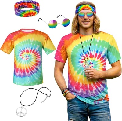 Hippie Kostuum voor Mannen uit de Jaren 60, 70 en 80 met Kleurrijk T-Shirt en Accessoires voor Carnaval en Feestjes