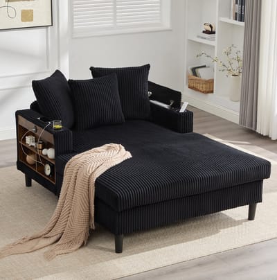 MODENUIT Chaise Longue 129 x 170 cm - Met Led, Usb, Opbergruimte En Bekerhouders - Voor Woonkamer En Balkon - Cord Zwart