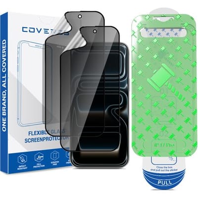 Coverzs Flexibel PMMA Glass Privacy Screenprotector met frame (2-pack) geschikt voor iPhone 17 Pro – Privacy Glas – Flexibel Glas – Beschermfolie met Montageframe – Krasbestendige Schermbescherming