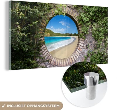 MuchoWow® Glasschilderij 40x20 cm - Schilderij acrylglas - Strand - Zee - Doorkijk - Foto op glas - Schilderijen