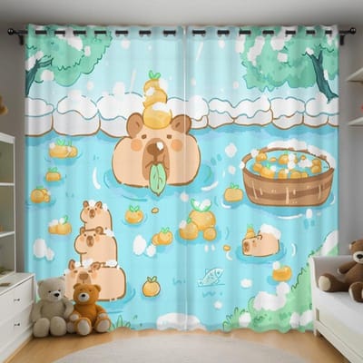 Kerst Kapibara Anime Woonkamer Slaapkamer Gordijnen Voor Woonkamer Geperforeerd Stofdicht Verduisterende Gordijnen Keukenkast Huis 100x140cm&Grommet Top beige