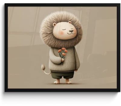 Poster in lijst - Fotolijst 70x50 cm - Posters - Leeuw - Oranje bloemen - Vriendelijk - Posterlijst zwart - Decoratie - Wanddecoratie woonkamer - Muurdecoratie slaapkamer