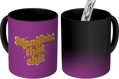 Magische Mok - Foto op Warmte Mokken - Koffiemok - Manifest that shit - Paars - Glitter - Magic Mok - Beker - 350 ML - Theemok - Mok met Tekst