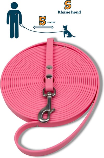 Miqdi lange lijn - BioThane ® - pastel roze - 5 meter lang - 9 mm breed - XS/S - kleine hond - lange hondenriem