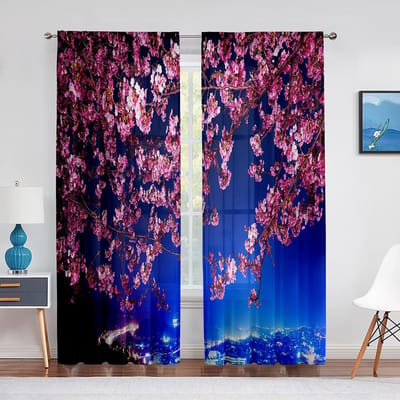 Kersenbloesem Bloemen Roze Bloemen Tule Gordijnen voor Woonkamer Slaapkamer Decoratie Modern Chiffon Transparant Voile Keukengordijn 1 PCS W100XH250cm&Grommet Top