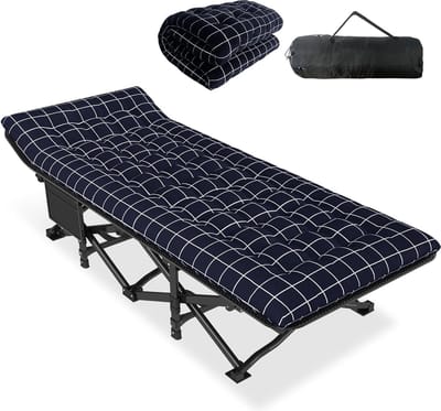 Campingbed Opklapbaar logeerbed tot 200 kg voor, opklapbed met zijvak, draagbare campingligstoel, buiten, tuin, kamperen, reizen, binnen