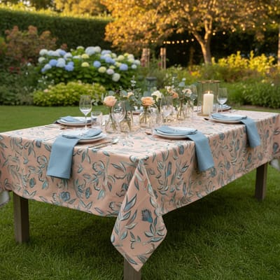 Tafelkleed Florence – 140x200 cm- Katoen – Oranje met Bladeren Print – 2 cm Zoom