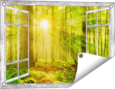 Gards Tuinposter Doorkijk Groen Bos met Schijnende Zonnestralen - 60x40 cm - Tuindoek - Tuindecoratie - Wanddecoratie buiten - Tuinschilderij