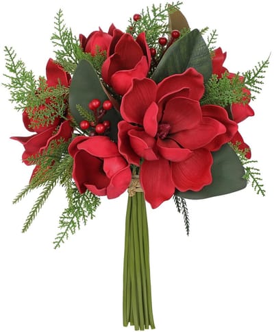 Dailygoods - Oairse Kunstbloemen Magnolia boeket kunstplant kerstboeket kerstdecoratie met bessen en varenbladeren voor kerstdecoratie wooncultuur keuken eettafel kamerplant tafeldecoratie