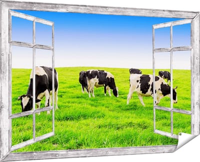 Gards Tuinposter Doorkijk Kudde Koeien in de Wei - Hemel Blauwe Lucht - 180x120 cm - Tuindoek - Tuindecoratie - Wanddecoratie buiten - Tuinschilderij