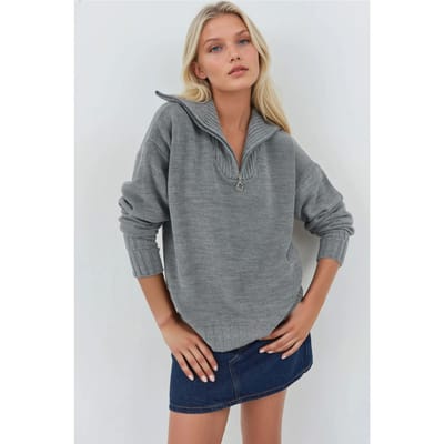 Oversized Geribde Gebreide Trui met Ritskraag