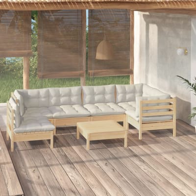 vidaXL - 7-delige - Loungeset - met - crèmekleurige - kussens - grenenhout