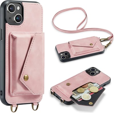 Casemania Hoesje Geschikt voor Apple iPhone 14 - Pale Pink - Luxe Backcover met Koord en Magnetische Sluiting - Portemonnee Wallet Case met Pasjeshouder en Opbergvak - Lanyard Telefoonhoes - Cord Case