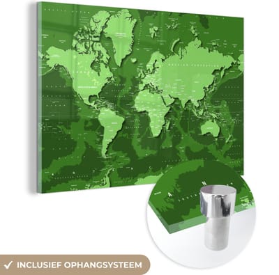 ® Glasschilderij 120x80 cm - Schilderij acrylglas - Wereldkaart - Stoer - Groen - Foto op glas - Muurdecoratie woonkamer - Wanddecoratie slaapkamer - Schilderijen