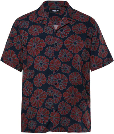 Men Plus - Heren - Viscose overhemd korte mouw all-over print Cubaanse kraag - Navy blauw - Maat L