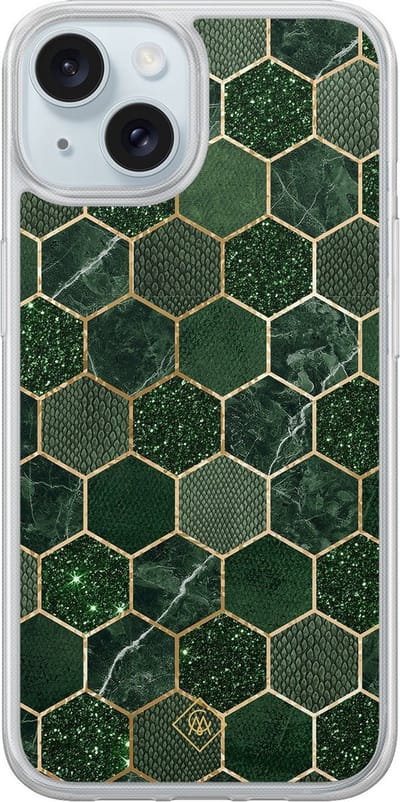Casimoda® hoesje - Geschikt voor iPhone 13 - Kubus Groen - 2-in-1 case - Schokbestendig - Geometrisch patroon - Verhoogde randen - Groen, Transparant