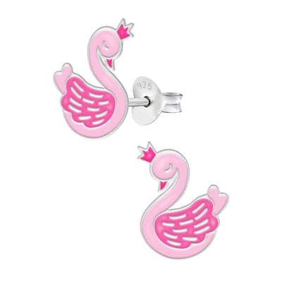 Zilveren kinderoorbellen - roze zwaan met kroontje - 925 zilver