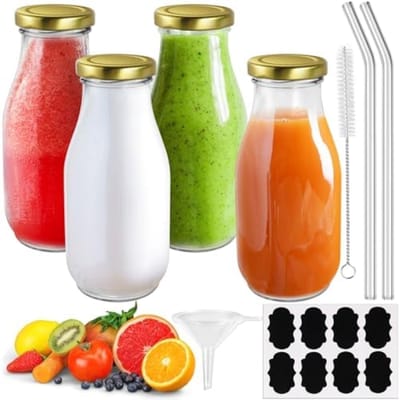 PromoHome 4 Stuks 330ml Glazen Melkflessen Set met Gouden Doppen, Rietjes, Trechter, Etiketten en Reinigingsborstel - Herbruikbare Glasflessen voor Sap, Smoothies, Melk en Dranken - Vintage Stijl Huishoudelijke Accessoires