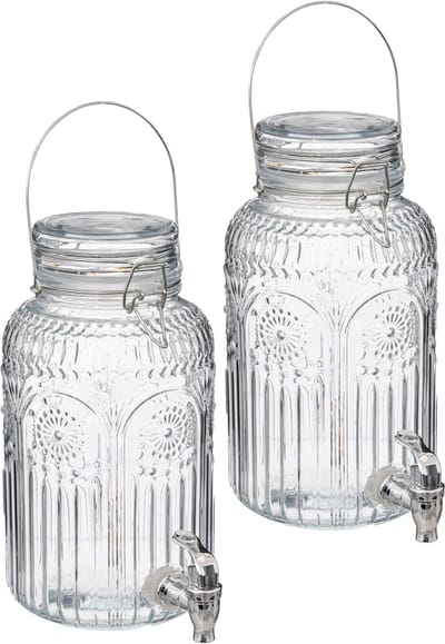 5Five Drank/water/sap/limonade dispenser Marbella - 2x - 3.8 Liter - bewerkt deco glas - tapkraan/deksel - zilver - drankautomaat