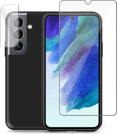 Hoesje geschikt voor Samsung S21 FE - Screenprotector & Camera Screen Protector Tempered Glas Cover - Liquid Back Case Zwart