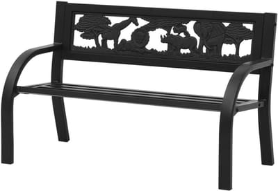 Kinderzitbank Staal - Tuinbank kids - Buiten spelen - Dieren en planten decoratie - 86 cm breed - Zwart