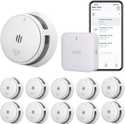 SAVS LinkSmart Slimme Rookmelder bundel - 10 S10-W Rookmelders en G10 Base Station - Werkt via app - WiFi gateway - Draadloos RF koppelbaar - Brandalarm - Smart home