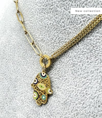 speciale ketting met hamsa hand - half brede schakel en half dubbele ketting - uniek - collier - hand of fatma - 45cm -stainless steel - bedel -luxe - cadeau - kadotip - mam - kerst idee