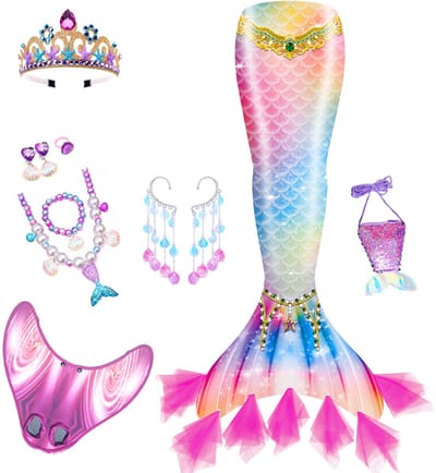 Zeemeerminstaart Zwemset Meisjes - Zeemeermin Bikini Set - Zeemeerminstaart Met Zeemeerminvin - Verkleedset Met Sieraden - Maat 110