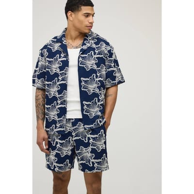 Geborduurd Bloemen Reverskraag Shirt & Ontspannen Korte Broek Set | Blue | Size XS