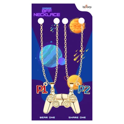 Bixorp Gamer BFF Ketting voor 2 met Magnetische Controller Hanger - Player 1 & Player 2 - Gaming Cadeau voor Beste Vrienden - Goudkleurig - 45cm
