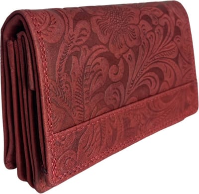 Portemonnee - Rood - Leer - Bloemen Print - RFID - Anti Skim - Met klepje voor muntgeld - Portemonnee Dames - Bakje