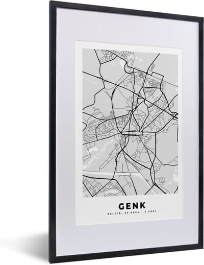 Fotolijst incl. Poster Zwart Wit- België – Genk – Stadskaart – Kaart – Zwart Wit – Plattegrond - 40x60 cm - Posterlijst