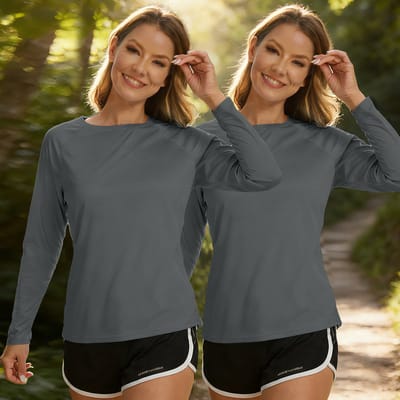 MEETYOO 2 Pack UV-shirt voor dames, UPF 50+, zonnebescherming, sportshirt, sneldrogend, sportshirt, licht loopshirt, yoga, lange mouwen, ademend, functioneel shirt, fitness Rashguard Grijs XXL