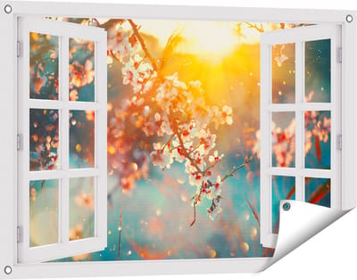 Gards Tuinposter Doorkijk Bloesemboom tijdens Zonsondergang - Bloem - 90x60 cm - Tuindoek - Tuindecoratie - Wanddecoratie buiten - Tuinschilderij