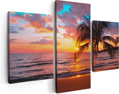 Artaza Canvas Schilderij Drieluik Tropisch Strand Tijdens Zonsondergang - 90x60 cm - Wanddecoratie Woonkamer - Schilderijen - Muurdecoratie