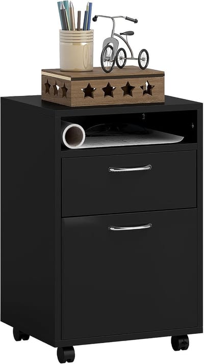 Mobiele Archiefkast met Lade en Open Plank - Zwarte Kantoorkast op Wielen