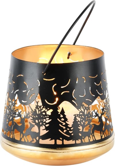Dekoratief | Theelichthouder 'Forest Party', zwart/goud, metaal, 13x13x12cm | A248318
