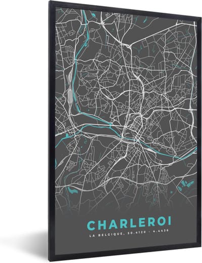Fotolijst incl. Poster - Stadskaart – Grijs - Kaart – Charleroi – België – Plattegrond - 40x60 cm - Posterlijst