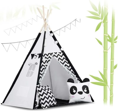 Tipi tent voor kinderen - Speeltent met kussens en lampjes - Zwart en wit - Natuurlijk katoen