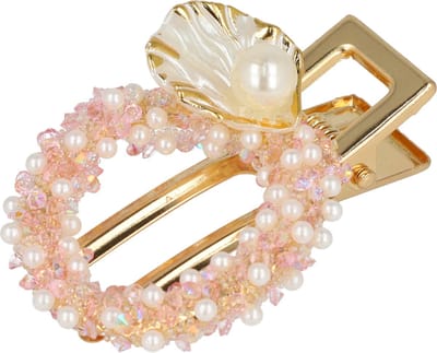 Haarsoires Haarspeld Duckklem 5cm – Cirkelvorm met Pareltjes & Steentjes – Wit Roze - Sterke Haarclip voor Styling & Dagelijks Gebruik - Hair Clip - Decoratieve Haaraccessoire