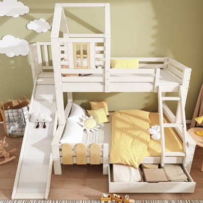 MODENUIT Stapelbed 90x200/140x200 cm – Met glijbaan, ladder en lade – Blokhutontwerp – Metaal en hout – Zonder matras – Wit