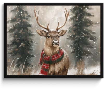 Poster in lijst - Fotolijst 80x60 cm - Posters - Winter - Bos - Rendier - Donker - Posterlijst zwart - Decoratie - Wanddecoratie woonkamer - Muurdecoratie slaapkamer