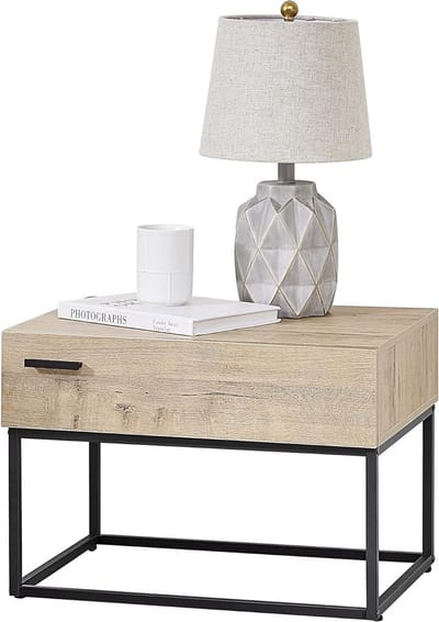 Nachtkastje met Lade - Bijzettafel Sidetable - Opbergen Slaapkamer - Metalen Frame - 39x55x40 cm - Zwart en Eiken