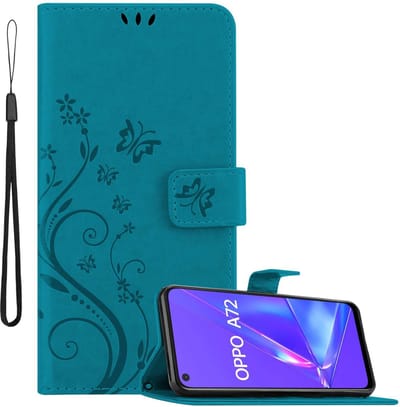 Cadorabo Hoesje geschikt voor Oppo A72 in Blauw - Beschermhoes in bloemmotief met magnetische sluiting, standfunctie en kaartsleuven Book Case Cover Etui