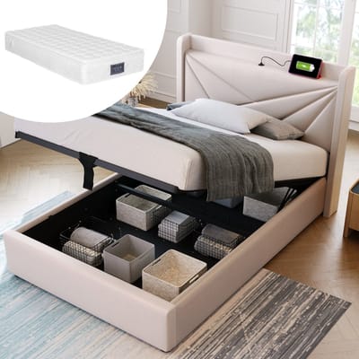Gestoffeerd bed, eenpersoonsbed met opbergruimte, bedbox met USB Type-C oplaadfunctie, hoofdbord, bedden met opbergruimte, bedframe van linnen, kinderbed 90x200 met lattenbodem (inclusief matras)