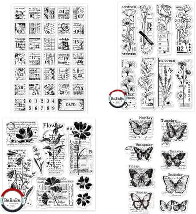 BaBaBa Clearstempels Set van 4 – Bloemen, Vlinders, Weekdagen & Datum | Creatieve Stempels voor Scrapbooking, Journaling & Kaarten