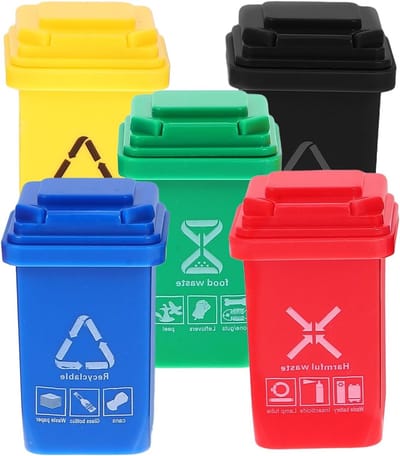 Mini-speelgoedvoertuigen set van 5 - Vuilniswagens en vuilnisbakken voor kinderen, leuk schuifspeelgoed en decoratie voor jongens