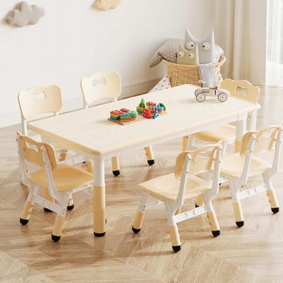 Tafel- en stoelsets - Tafel- en stoelsets voor kinderen - Tafel- en stoelsets met 6 zitplaatsen - Houtkleur