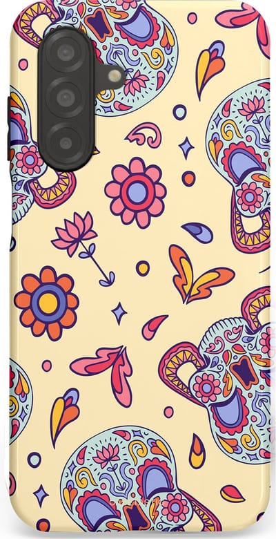 Casetastic hoesje geschikt voor Samsung Galaxy A26 - Dubbellaagse bescherming - Dia de los Muertos Doodshoofd Bloemen - Fashion Case - Crème Lila Zilver